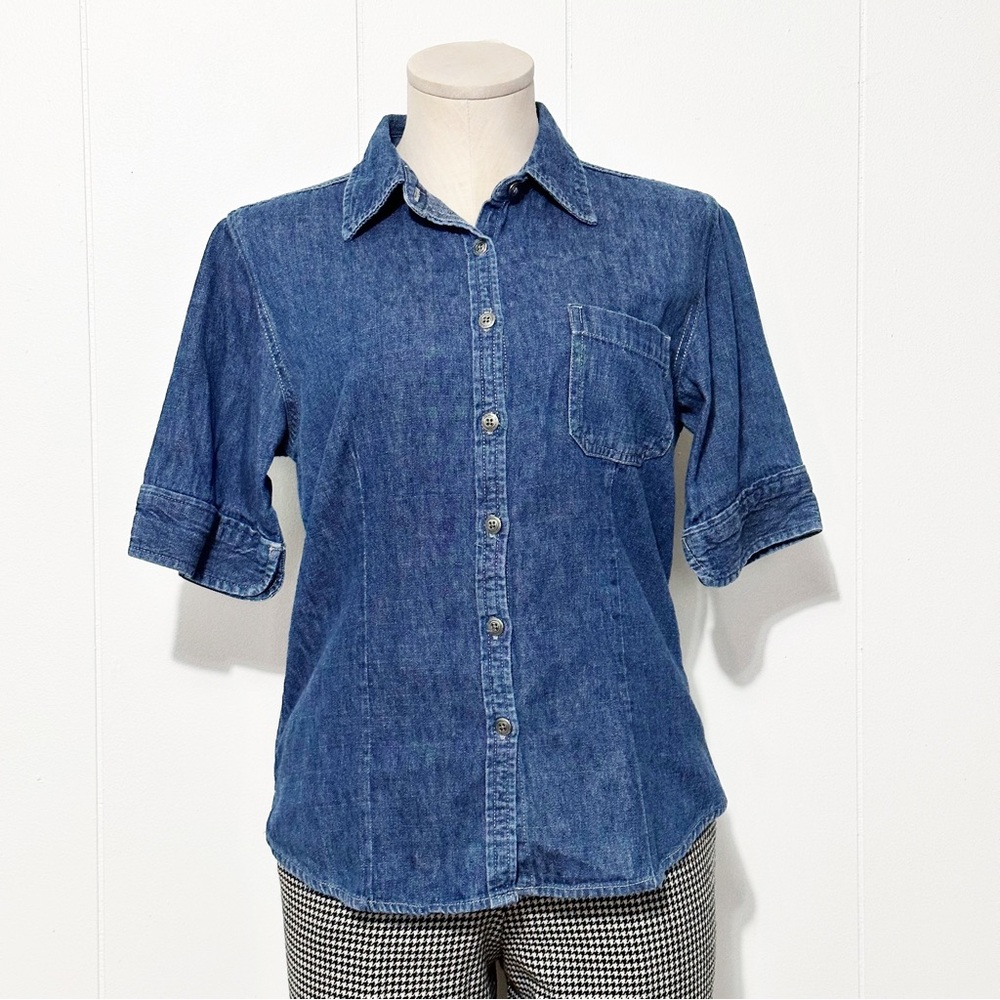 90s Short Sleeve Denim Button Front Top | Vintage - Picture 4 of 9